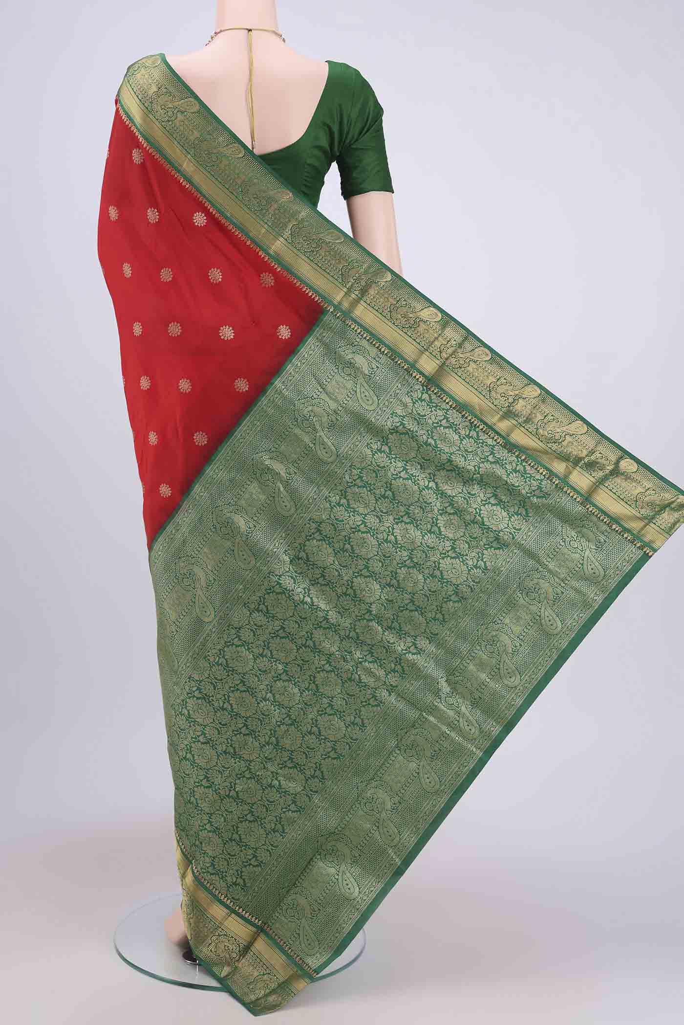 Flat view of Red Blended Bangalore Silk Saree with Zari Butta on the body and Zari Border. 