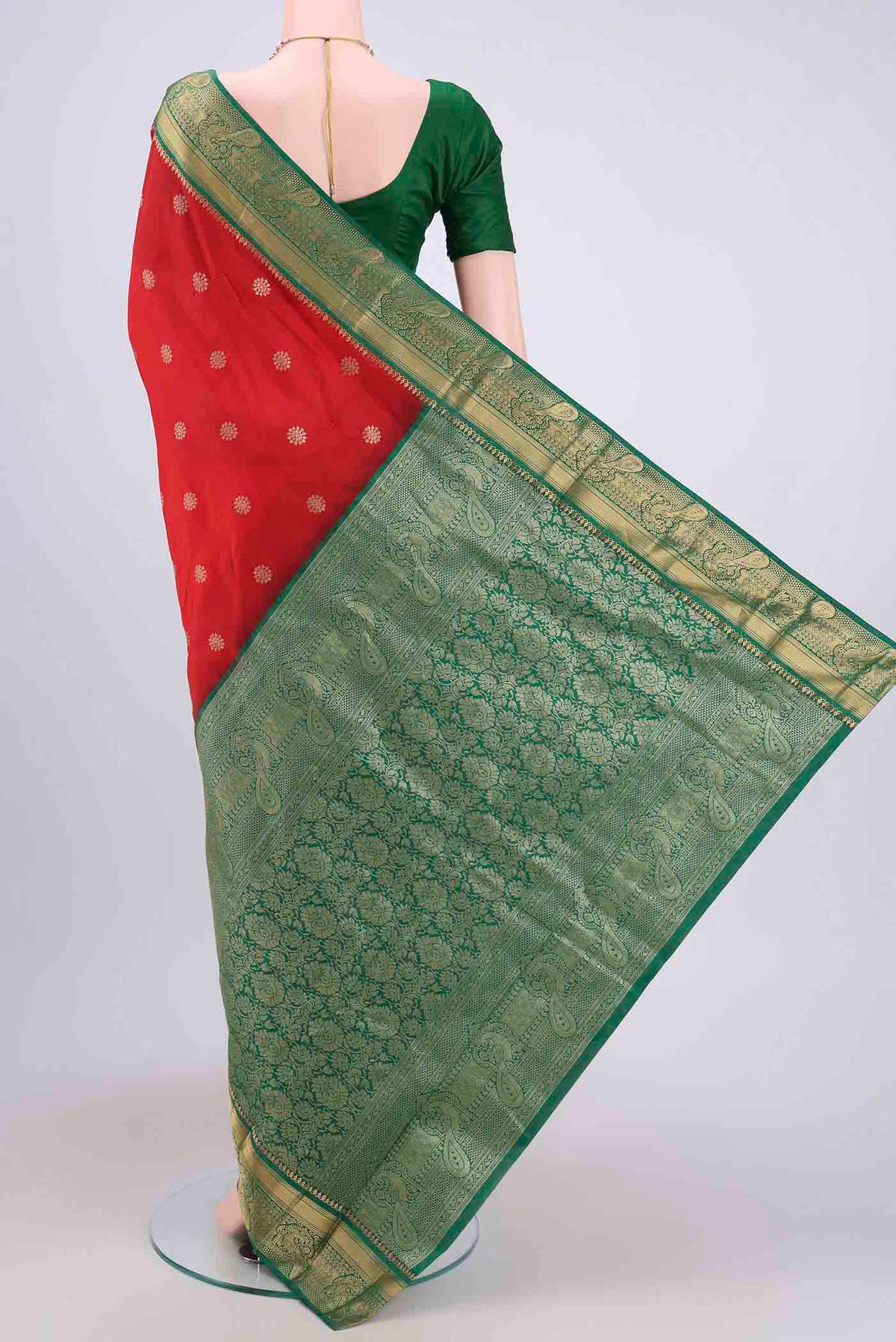 Flat view of Red Blended Bangalore Silk Saree with Zari Butta on the body and Zari Border. 