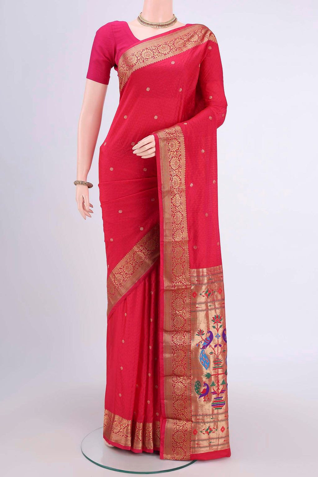 Dark Pink Blended Bangalore Silk Saree with Jacquard With Zari Butta on the body and Zari Border.  displayed on a mannequin