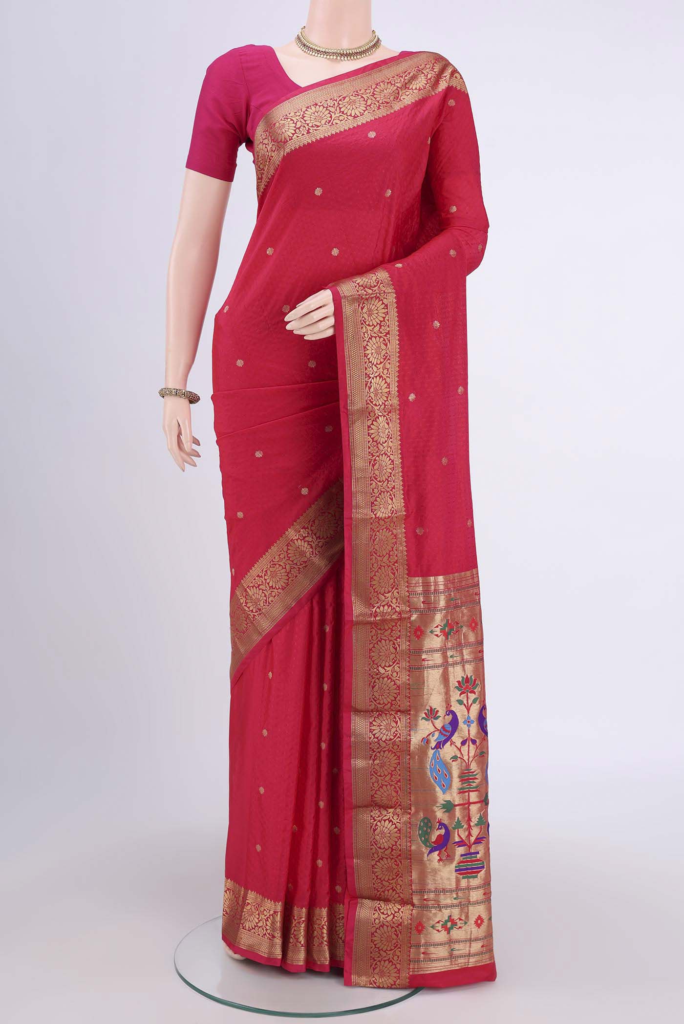 Dark Pink Blended Bangalore Silk Saree with Jacquard With Zari Butta on the body and Zari Border.  displayed on a mannequin