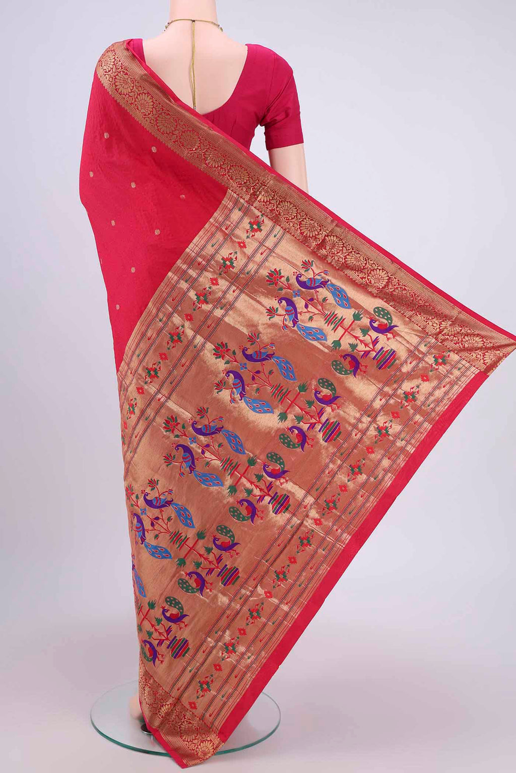Flat view of Dark Pink Blended Bangalore Silk Saree with Jacquard With Zari Butta on the body and Zari Border. 