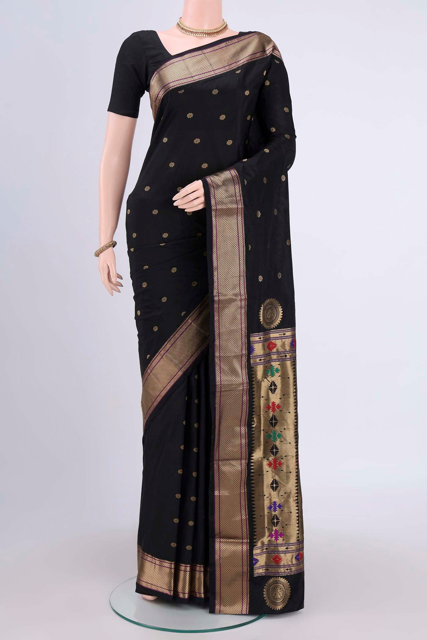 Black Blended Bangalore Silk Saree with Zari Butta on the body and Zari Border.  displayed on a mannequin