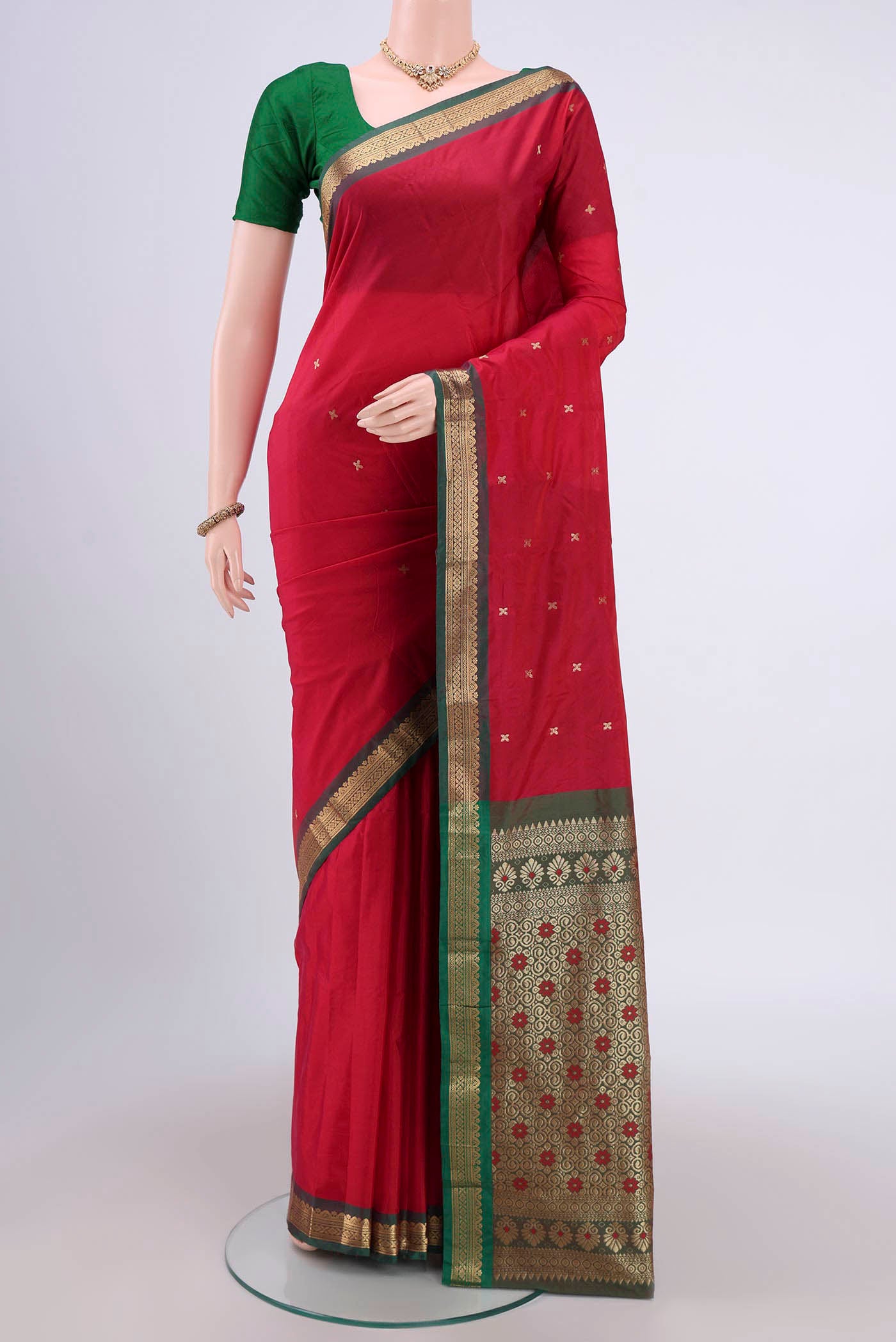 Maroon Dual Tone Blended Bangalore Silk Saree with Zari Butta on the body and Zari Border.  displayed on a mannequin