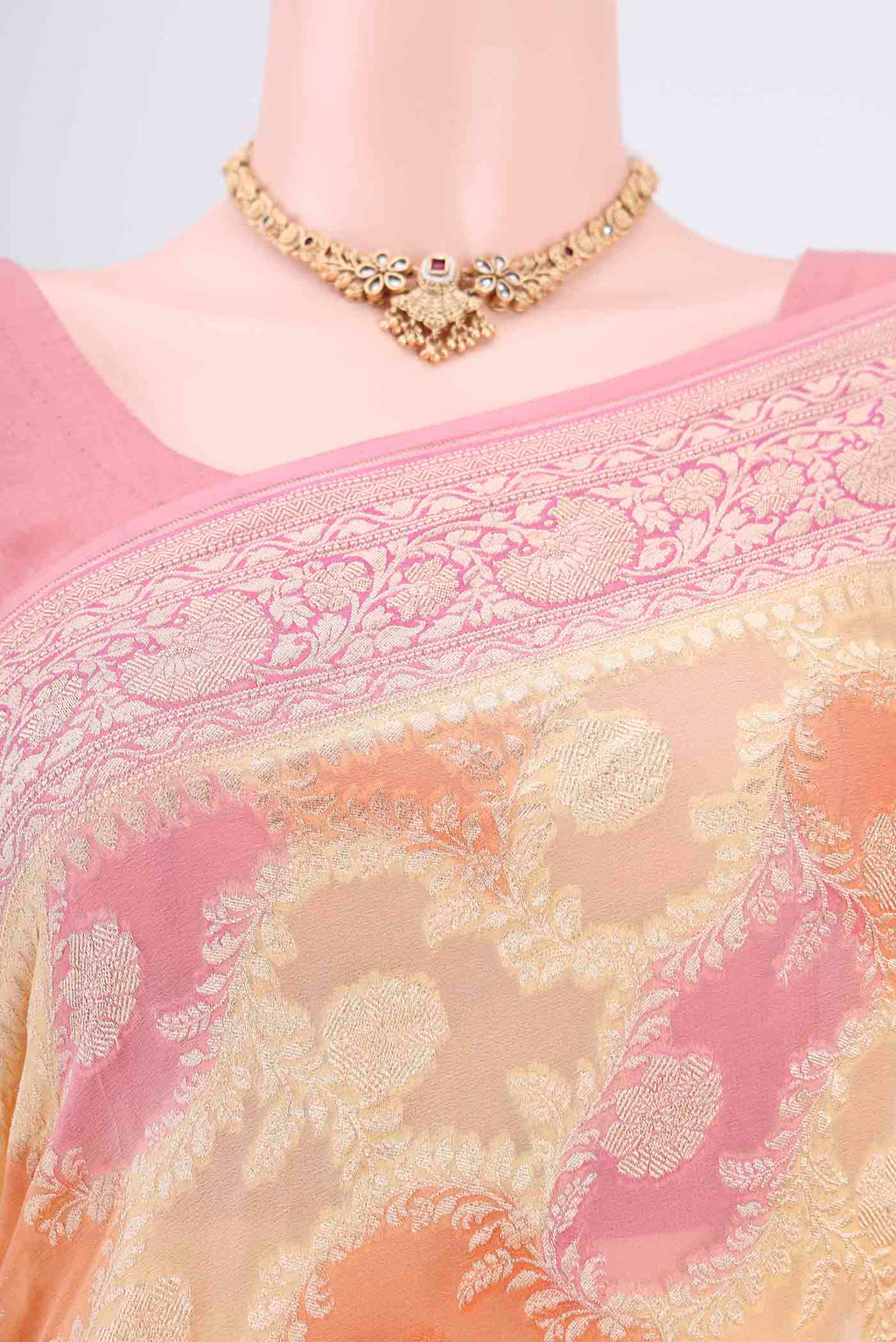 Border image of Multi Color Banarasi Georgette Saree with Zari Brocade on the body and Zari Border. 