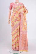 Multi Color Banarasi Georgette Saree with Zari Brocade on the body and Zari Border.  displayed on a mannequin