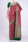 Rani Pink Banarasi Georgette Saree with Zari Brocade on the body and Zari Border.  displayed on a mannequin