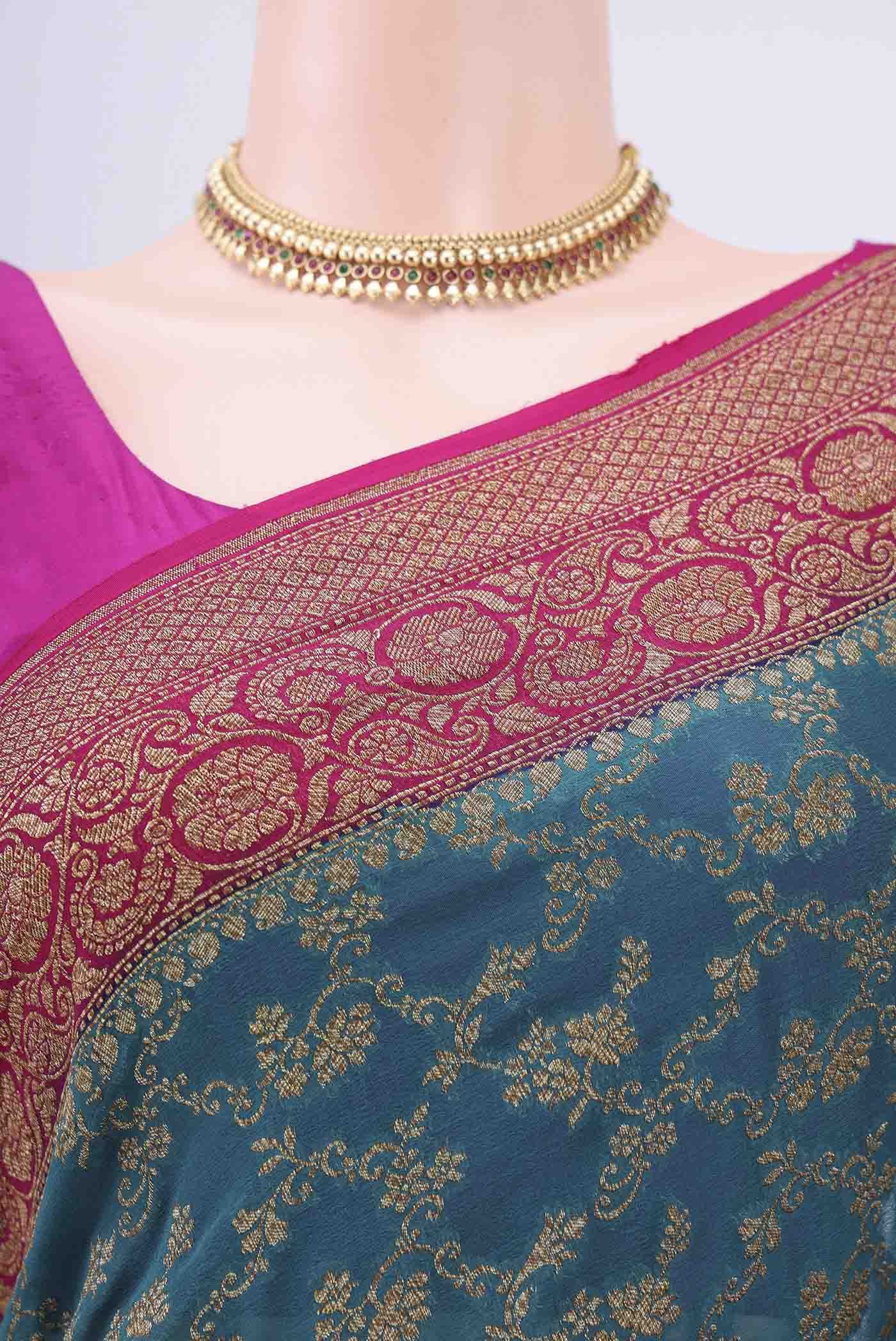 Border image of Sea Green Banarasi Georgette Saree with Zari Brocade on the body and Zari Border. 