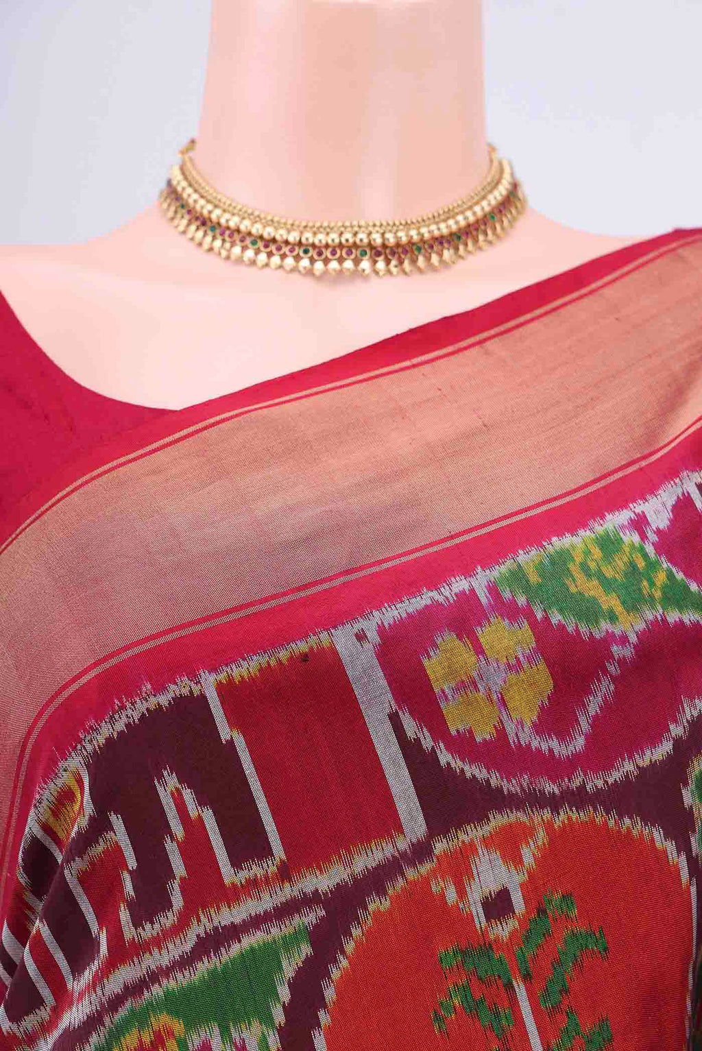 Border image of Brown Pochampally Silk Saree with Pure Ikat on the body and Zari Border. 