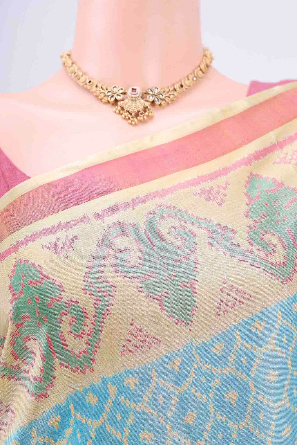 Border image of Sky Blue Rajkot Patola Silk Saree with Pure Ikat on the body and Fancy Border. 