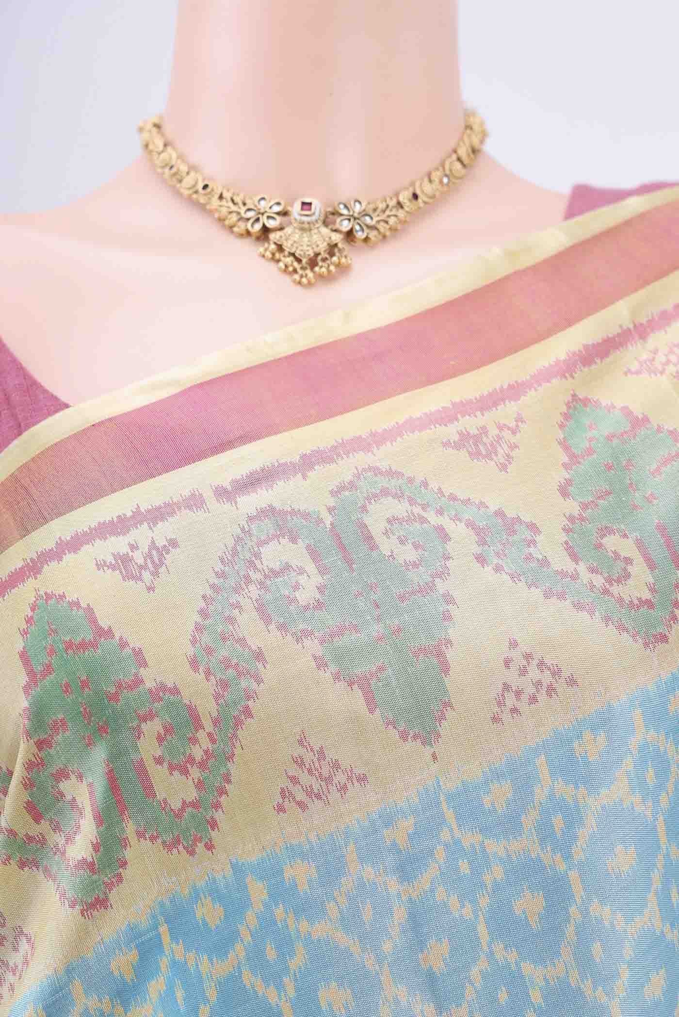Border image of Sky Blue Rajkot Patola Silk Saree with Pure Ikat on the body and Fancy Border. 