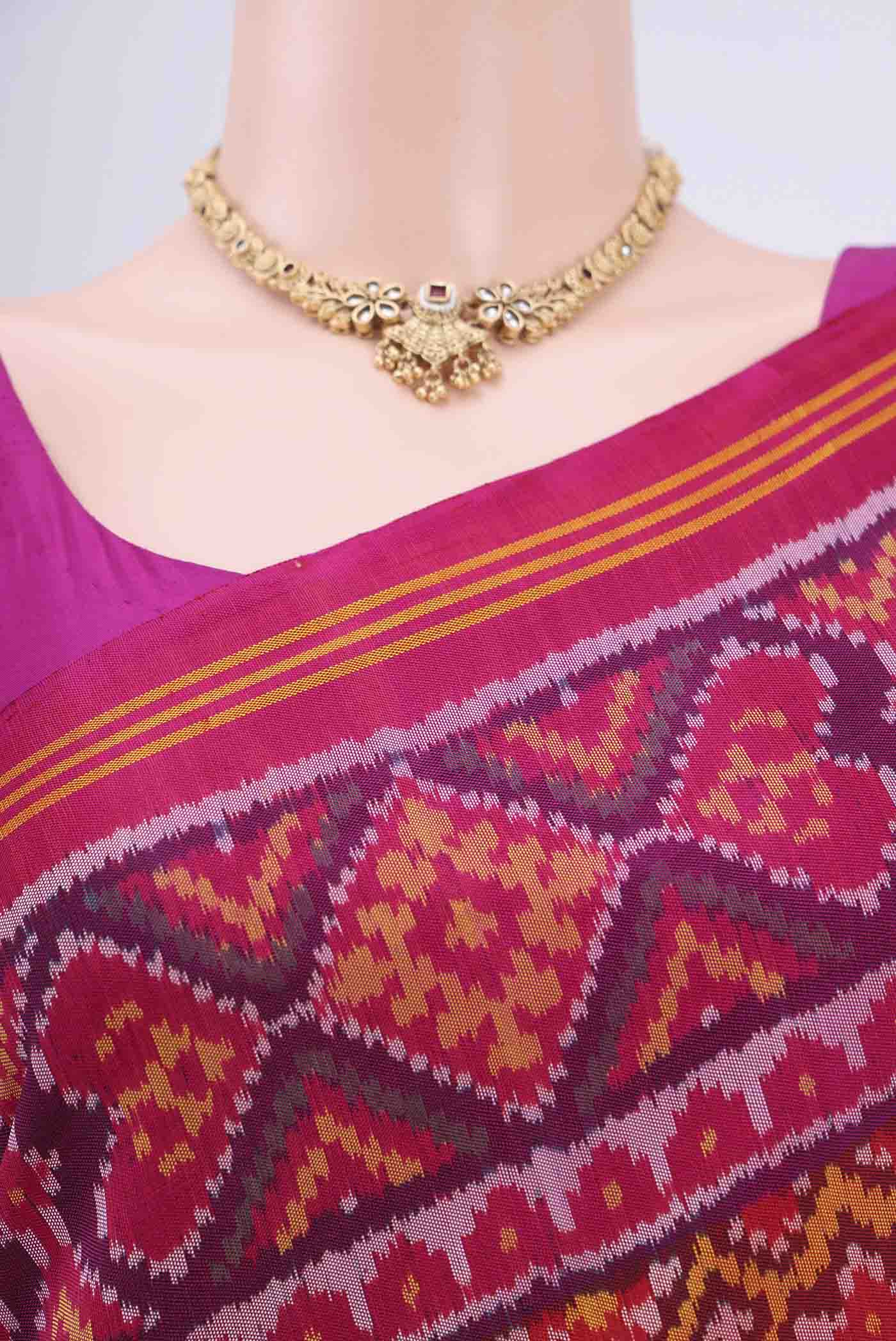Border image of Multi Color Rajkot Patola Silk Saree with Pure Ikat on the body and Zari Border. 