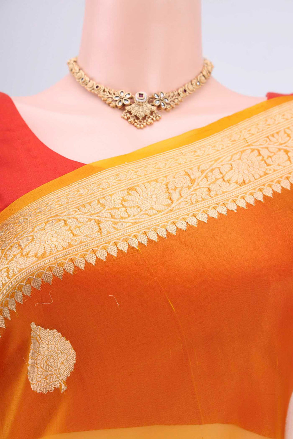 Border image of Rust Organza Silk Saree with Half And Half on the body and Zari Border. 