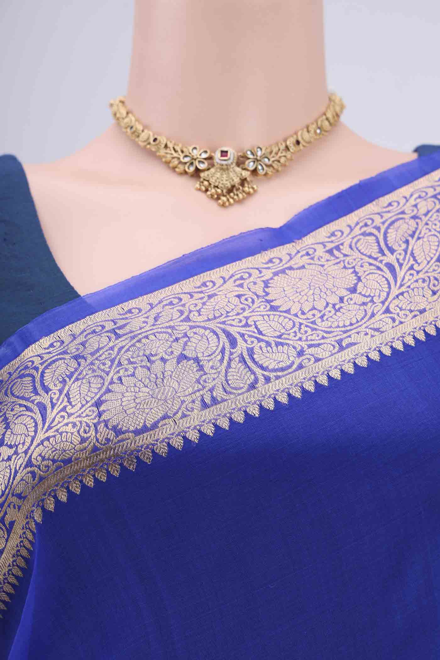 Border image of Royal Blue Organza Silk Saree with Plain Body and Zari Border. 