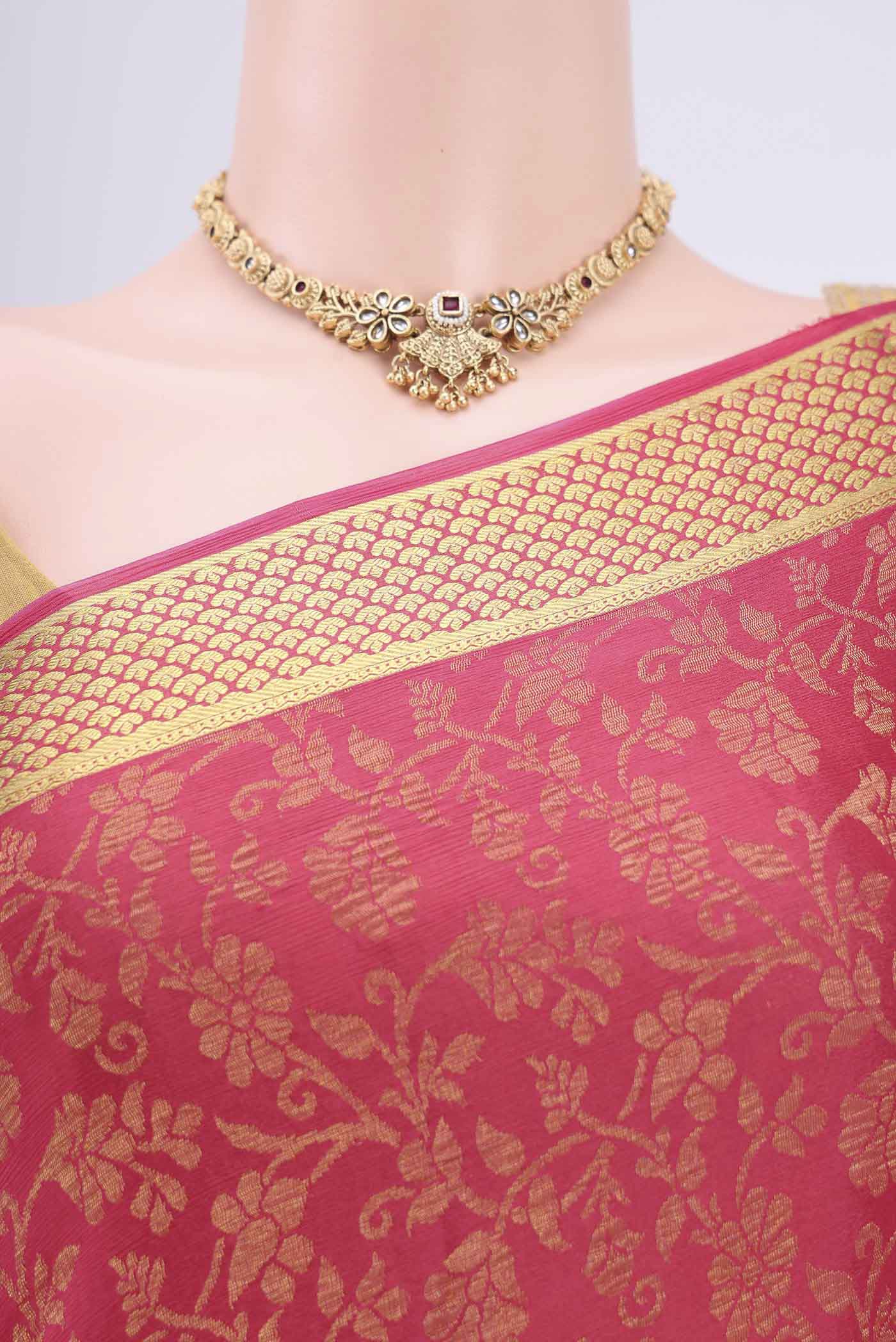 Border image of Pink Mysore Crepe Saree with Zari Brocade on the body and Zari Border. 