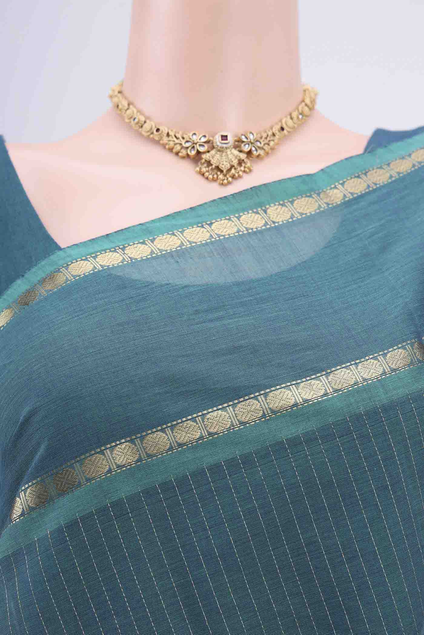 Border image of Sea Green Kanchi Cotton Saree with Stripes on the body and Zari Border. 