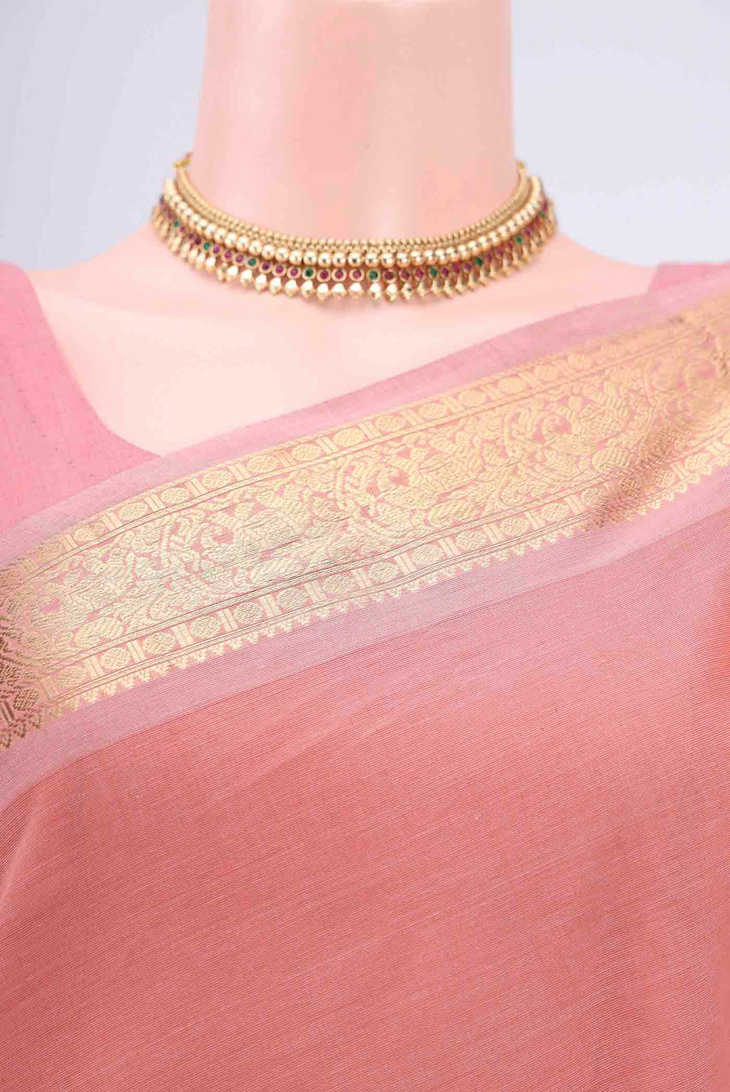 Border image of Peach Kanchi Cotton Saree with Zari Butta on the body and Zari Border. 
