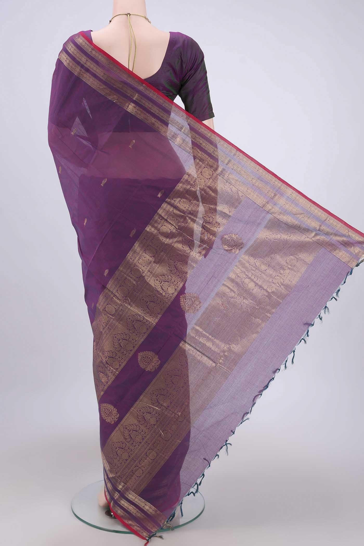 Flat view of Mauve Kanchi Cotton Saree with Zari Butta on the body and Zari Border. 