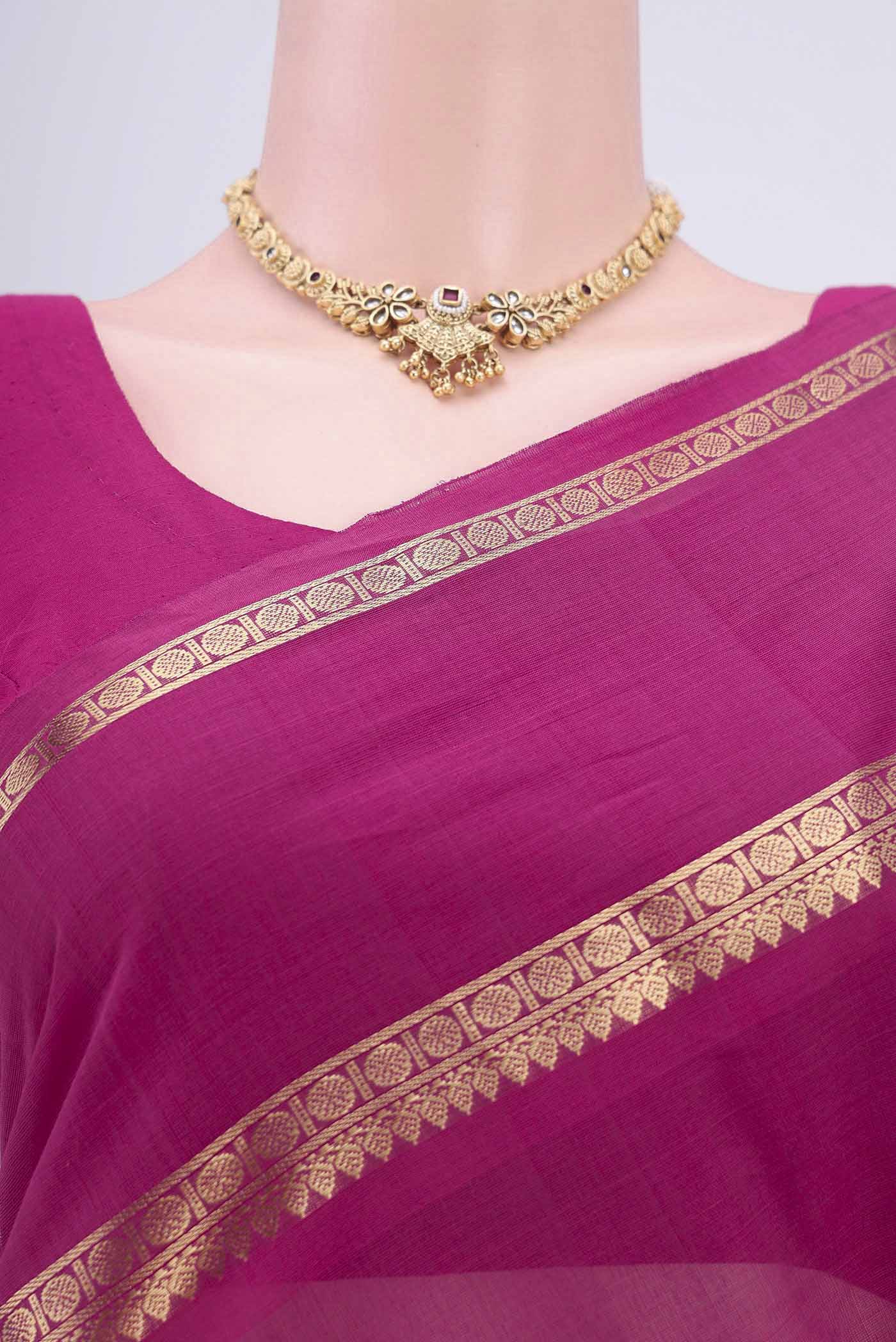 Border image of Dark Pink Kanchi Cotton Saree with Plain Body and Zari Border. 