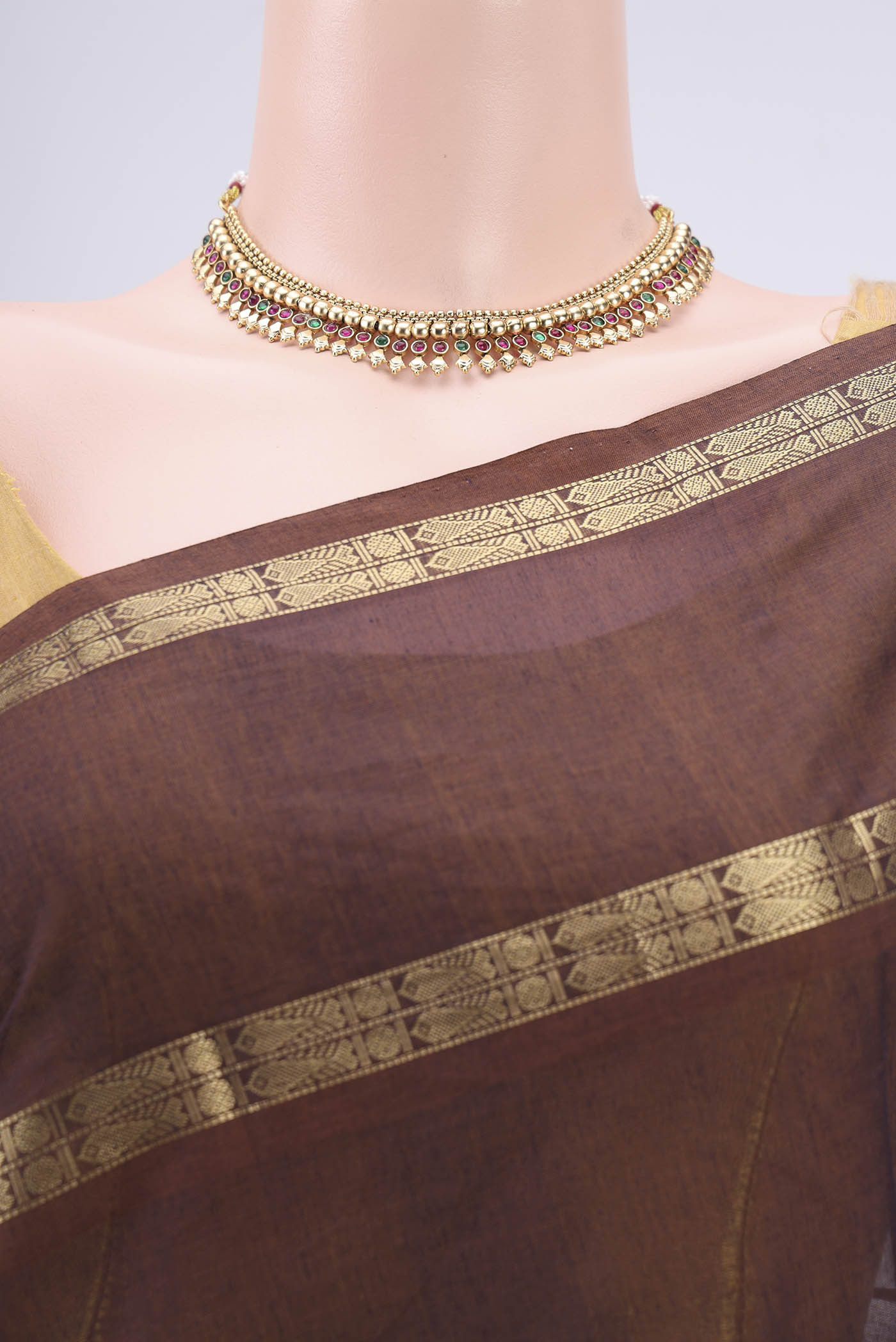 Border image of Brown Kanchi Cotton Saree with Plain Body and Zari Border. 