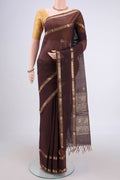 Brown Kanchi Cotton Saree with Plain Body and Zari Border.  displayed on a mannequin