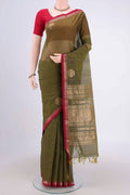 Mehandi Green Kanchi Cotton Saree with Plain Body and Zari Border.  displayed on a mannequin