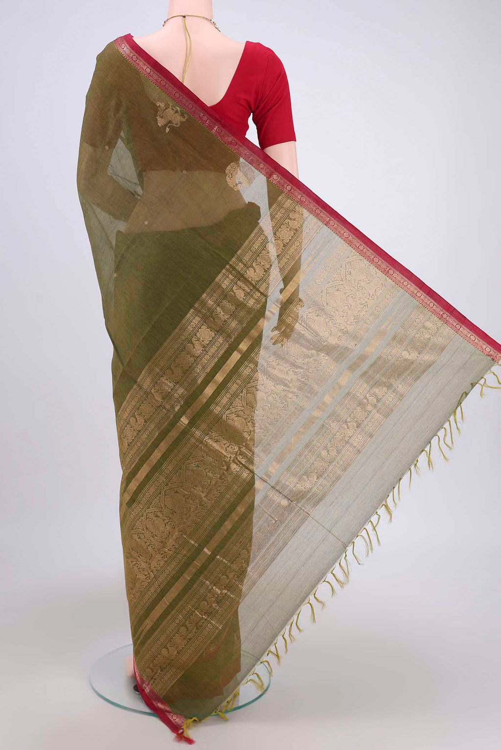 Flat view of Mehandi Green Kanchi Cotton Saree with Plain Body and Zari Border. 