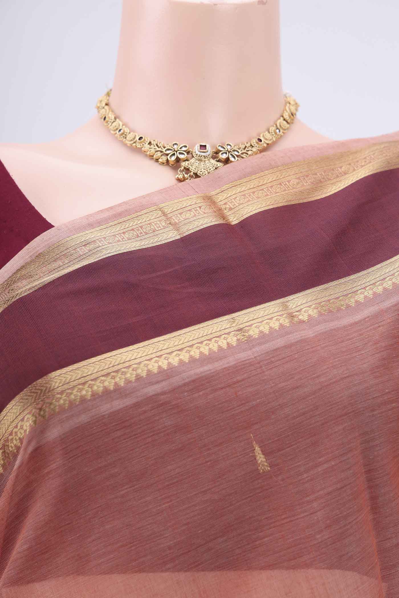Border image of Coral Kanchi Cotton Saree with Plain Body and Zari Border. 