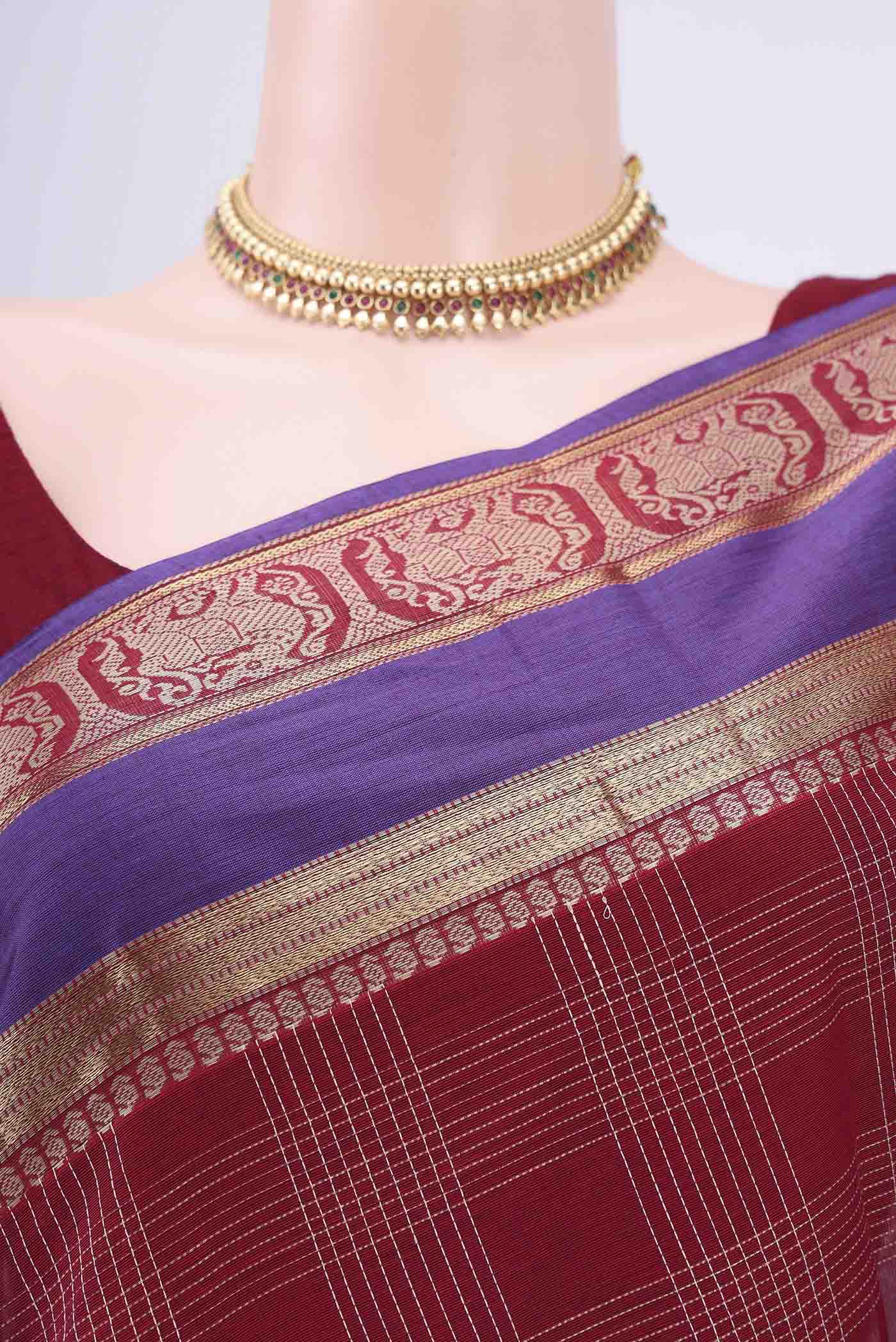 Border image of Red Kanchi Cotton Saree with Checked design on the body and Zari Border. 