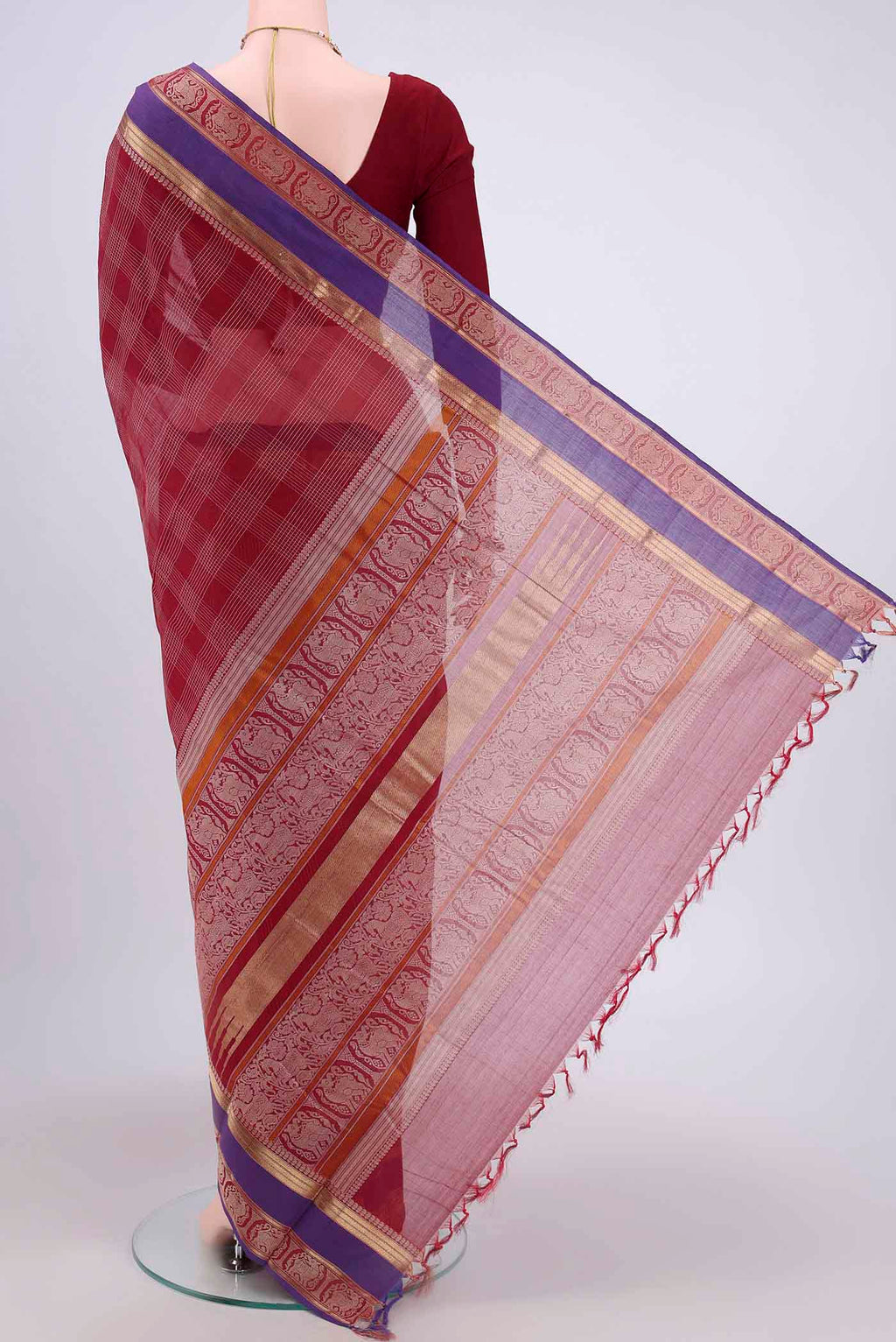 Flat view of Red Kanchi Cotton Saree with Checked design on the body and Zari Border. 