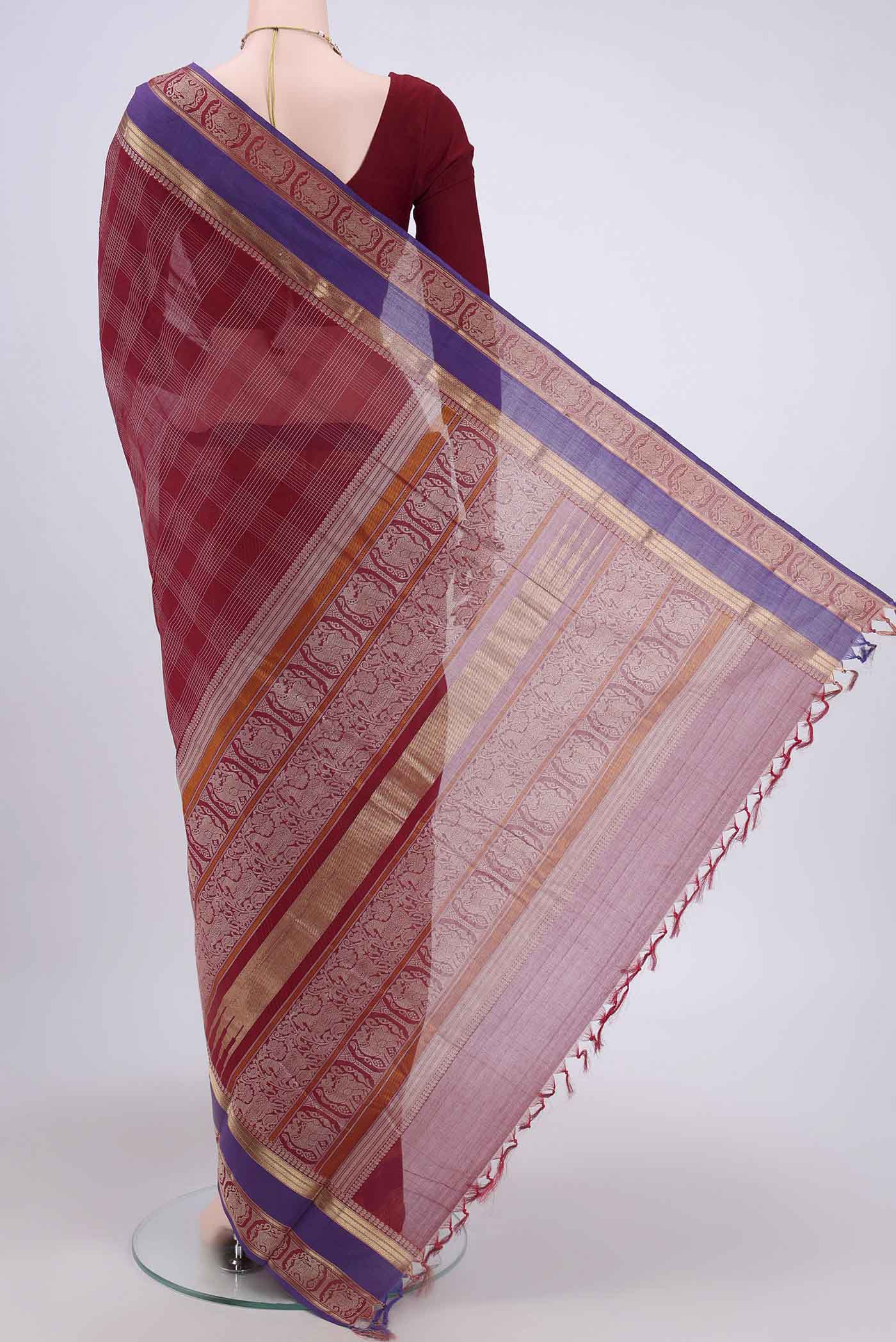 Flat view of Red Kanchi Cotton Saree with Checked design on the body and Zari Border. 