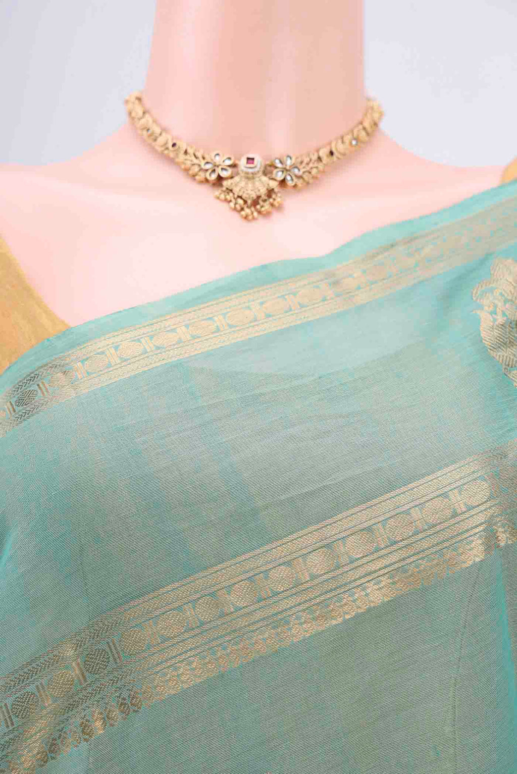 Border image of Turquoise Kanchi Cotton Saree with Zari Butta on the body and Zari Border. 