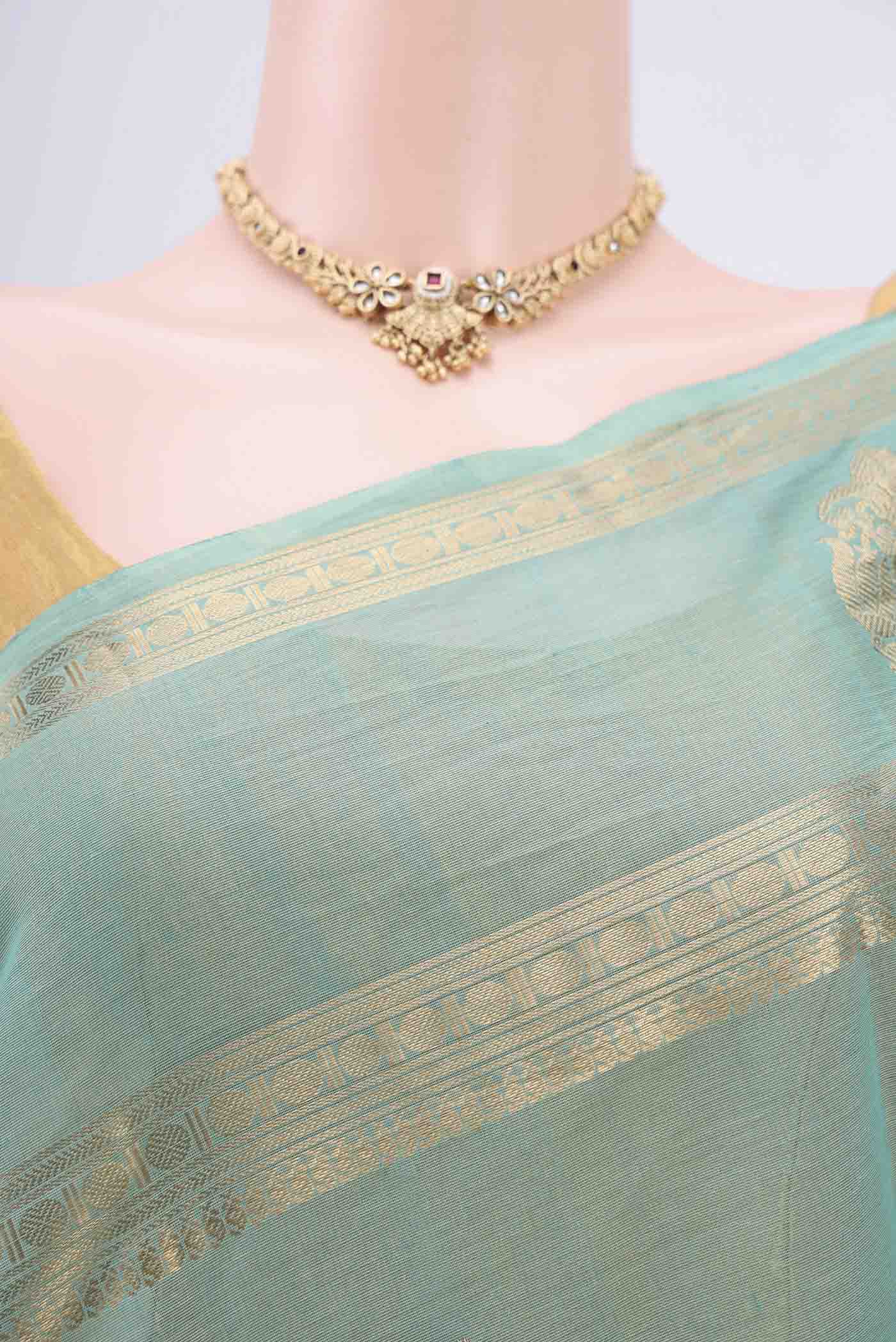 Border image of Turquoise Kanchi Cotton Saree with Zari Butta on the body and Zari Border. 
