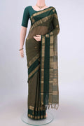 Mehandi Green Kanchi Cotton Saree with Plain Body and Zari Border.  displayed on a mannequin