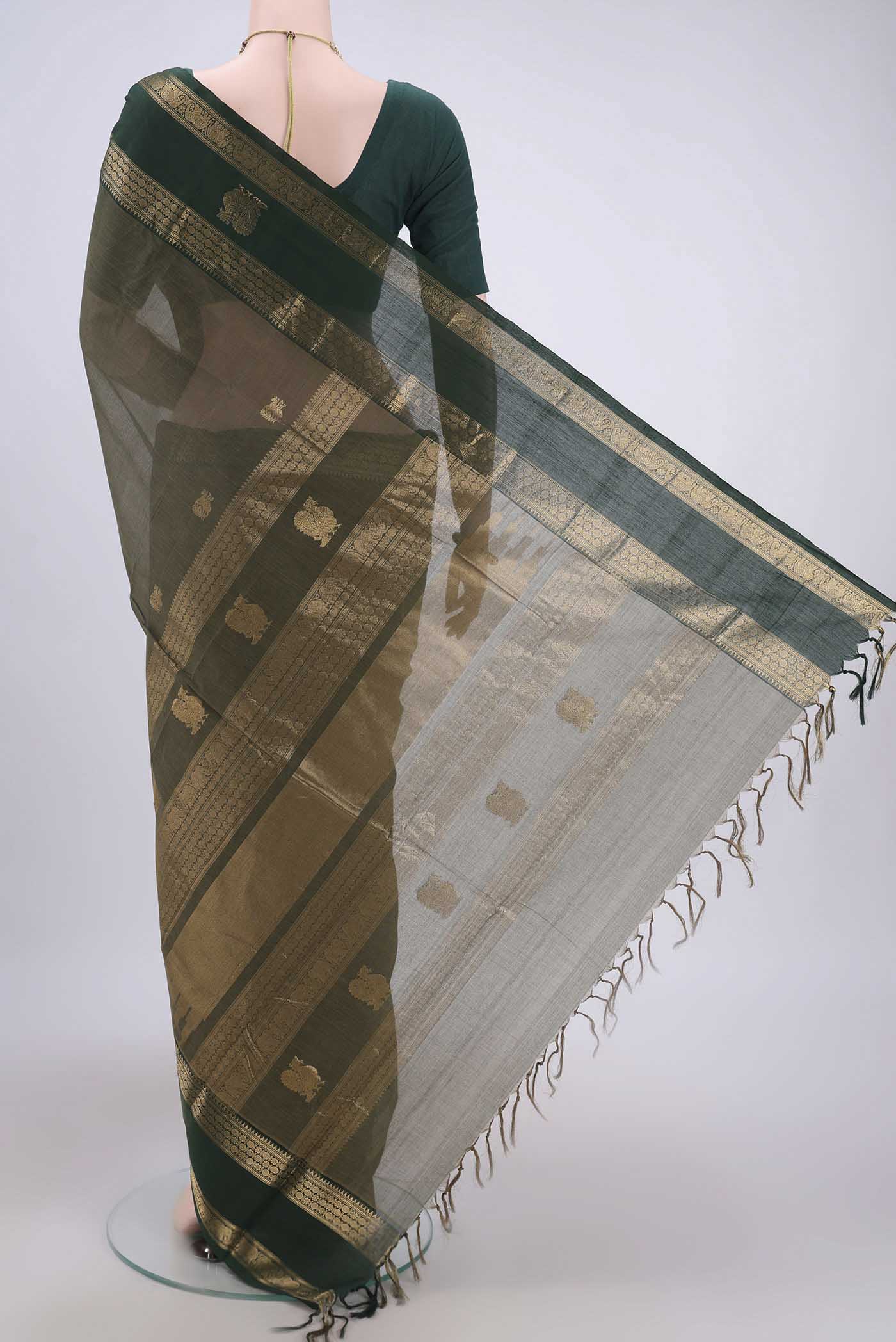 Flat view of Mehandi Green Kanchi Cotton Saree with Plain Body and Zari Border. 
