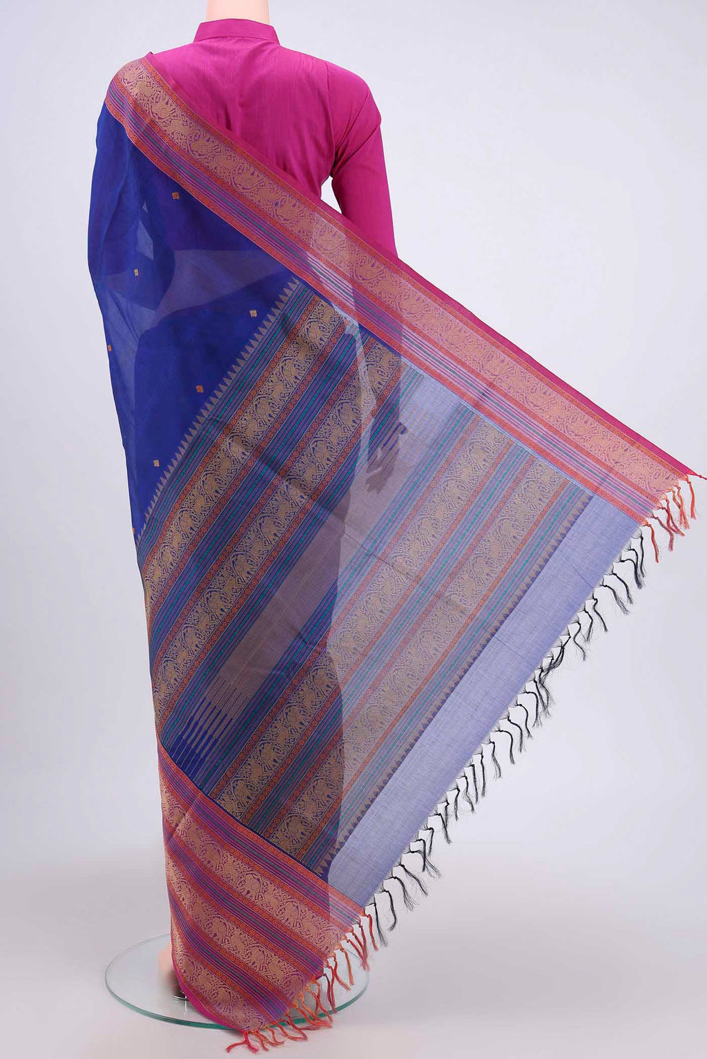 Flat view of Royal Blue Silk Cotton Saree with Thread Butta on the body and Zari Border. 