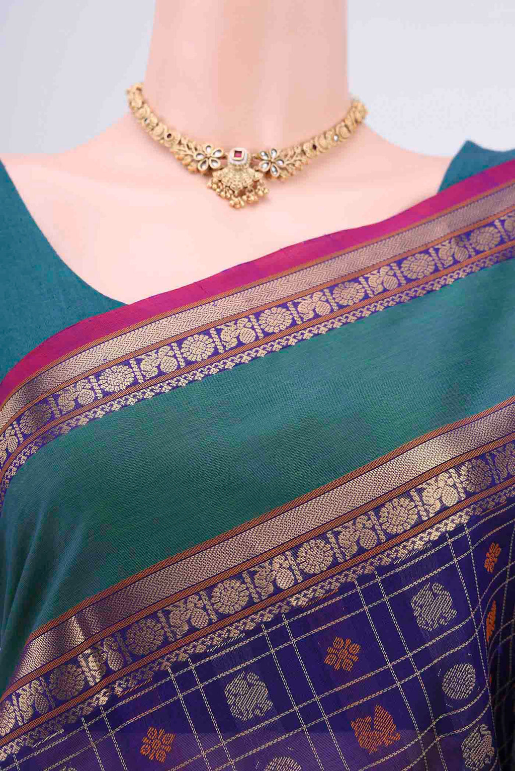 Border image of Purple Silk Cotton Saree with Checked design on the body and Zari Border. 