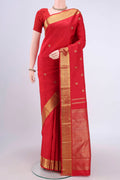 Pure Silk Pure Zari Red Dual Tone Kanchipuram Saree with Zari Butta on the body and Zari Border.  displayed on a mannequin