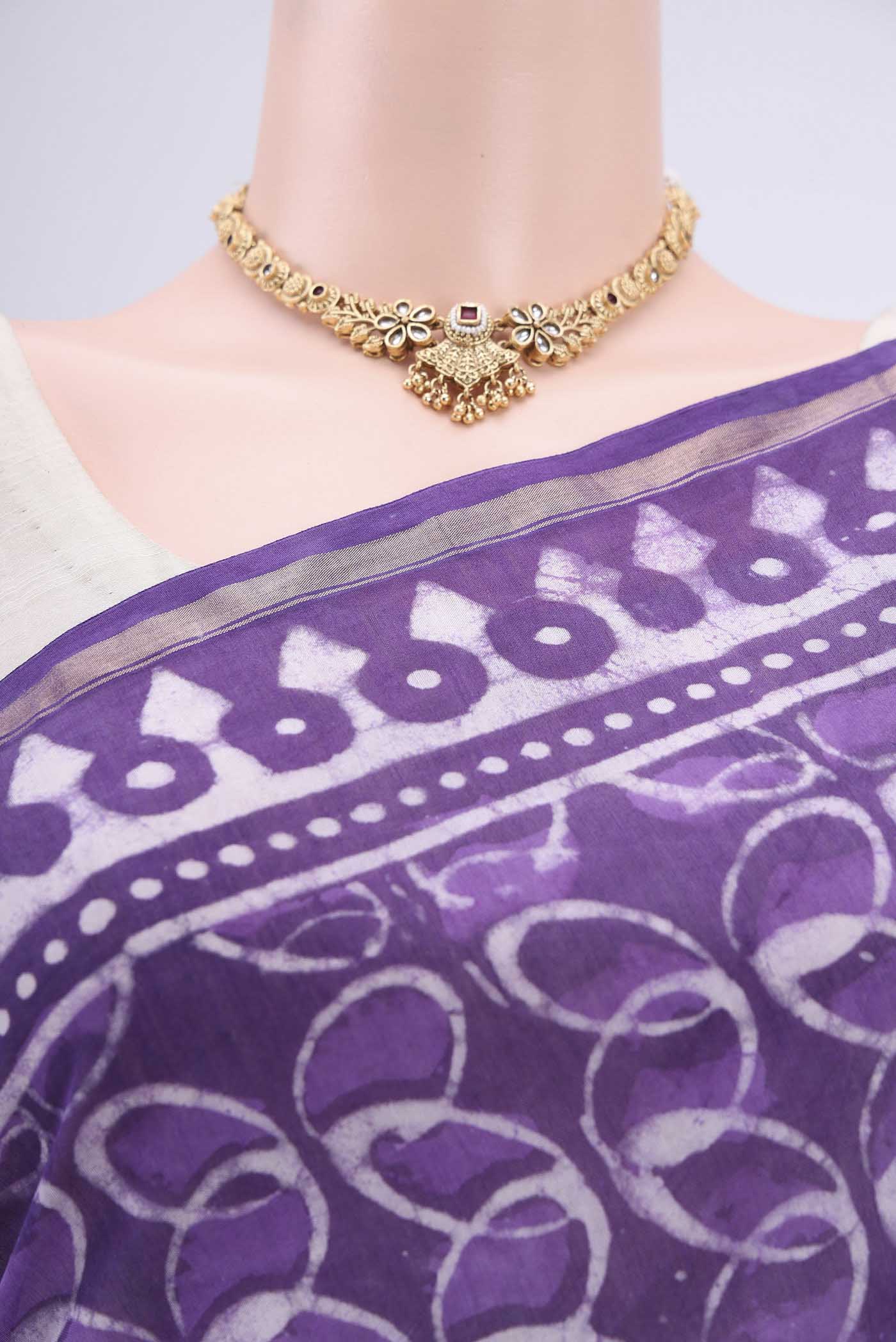 Border image of Purple Chanderi Silk Cotton Saree with Printed design on the body and Zari Border. 