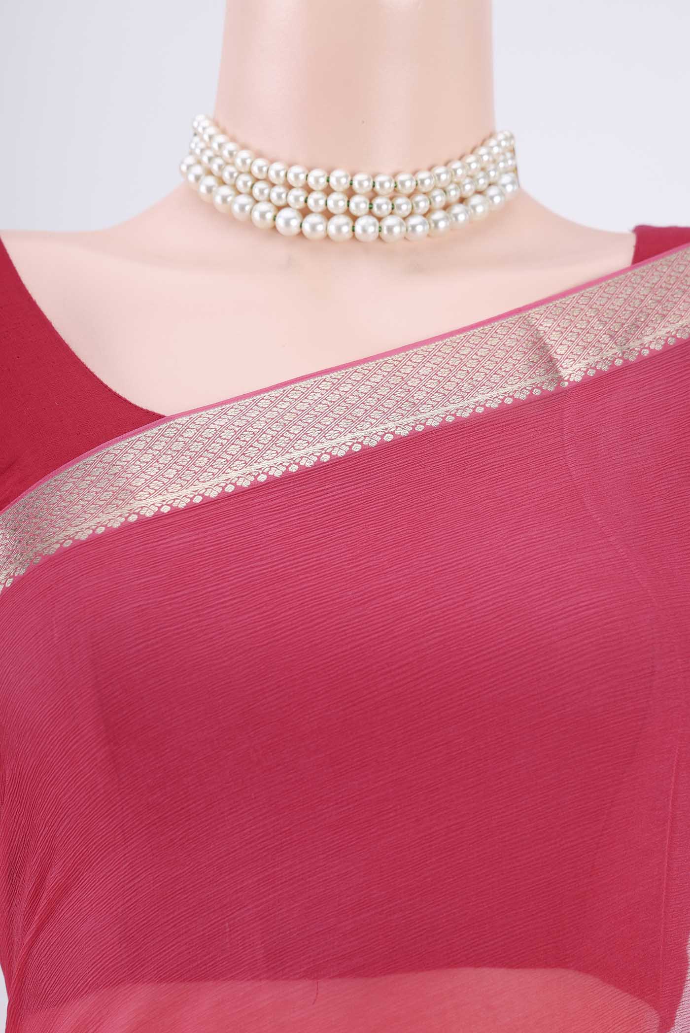 Border image of Red Mysore Chiffon Saree with Plain Body and Zari Border. 