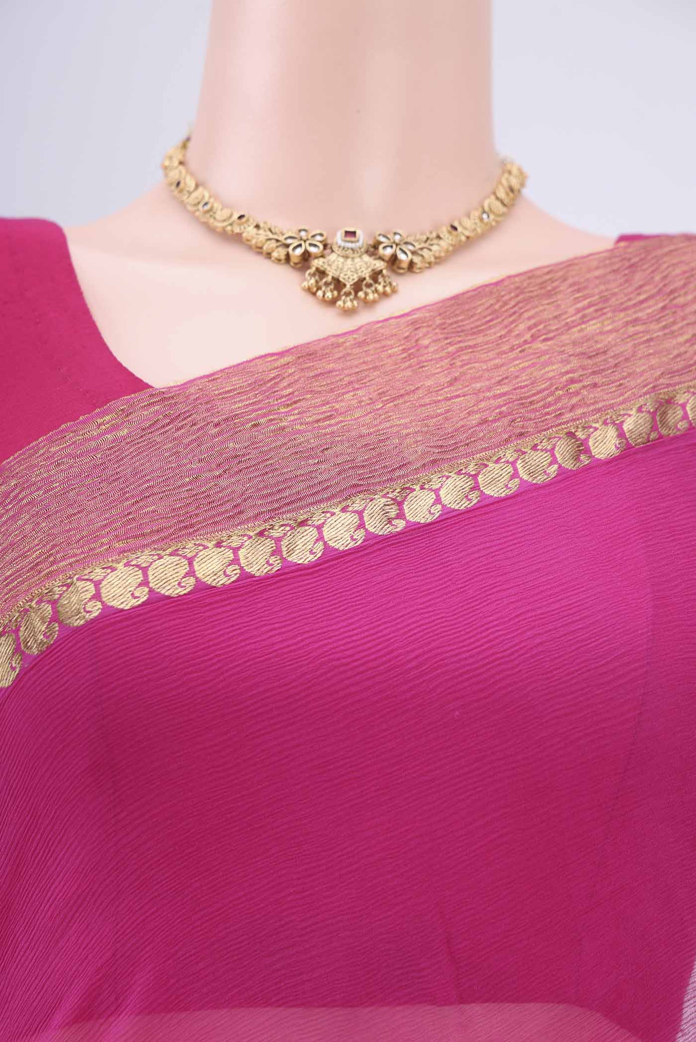 Border image of Dark Pink Mysore Chiffon Saree with Half And Half on the body and Zari Border. 