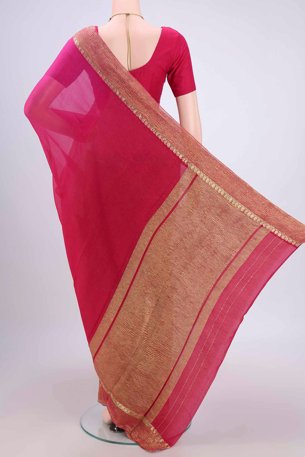 Flat view of Dark Pink Mysore Chiffon Saree with Half And Half on the body and Zari Border. 