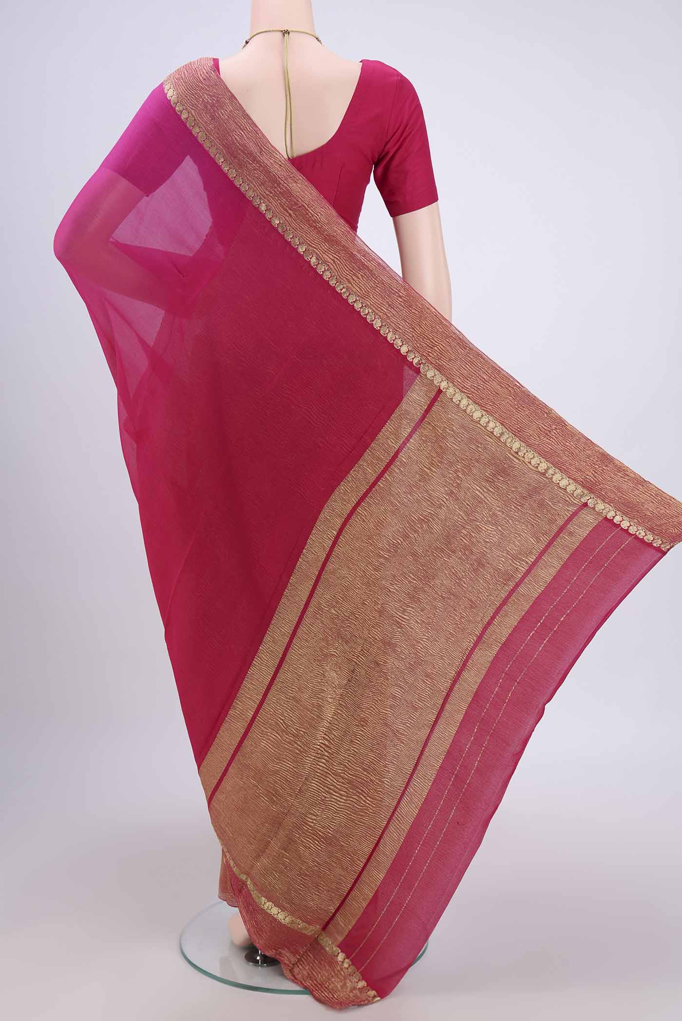 Flat view of Dark Pink Mysore Chiffon Saree with Half And Half on the body and Zari Border. 