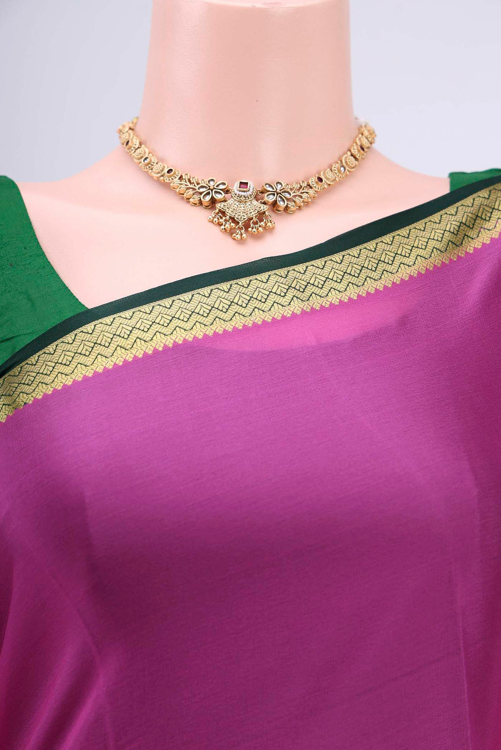 Border image of Pink Mysore Crepe Saree with Plain Body and Zari Border. 