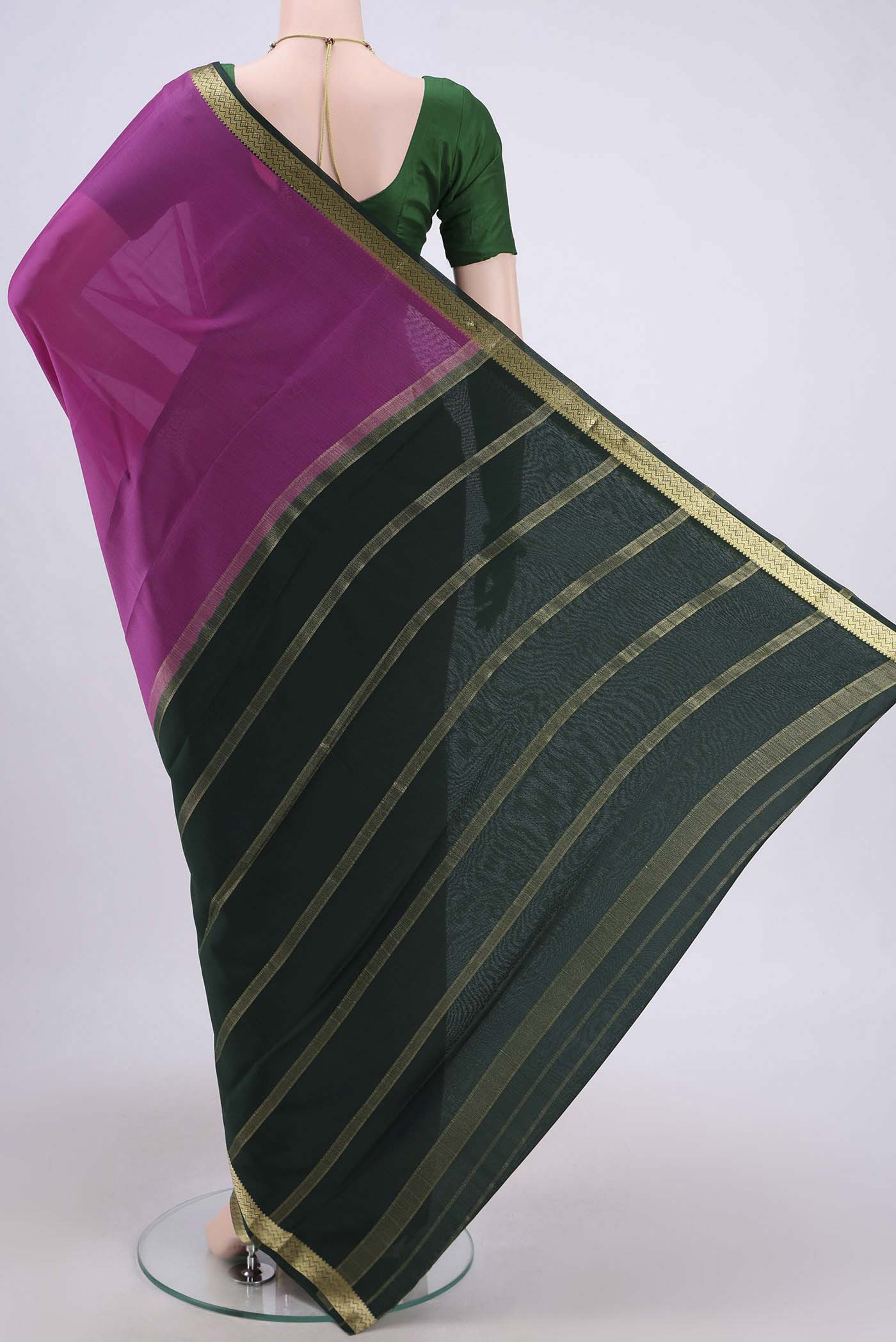 Flat view of Pink Mysore Crepe Saree with Plain Body and Zari Border. 