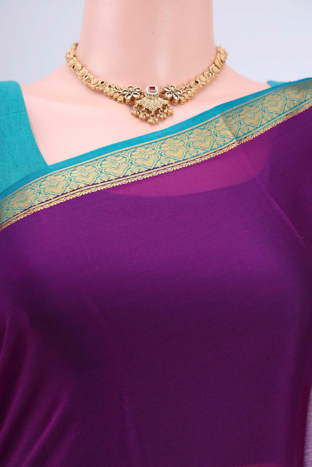 Border image of Purple Mysore Crepe Saree with Plain Body and Zari Border. 