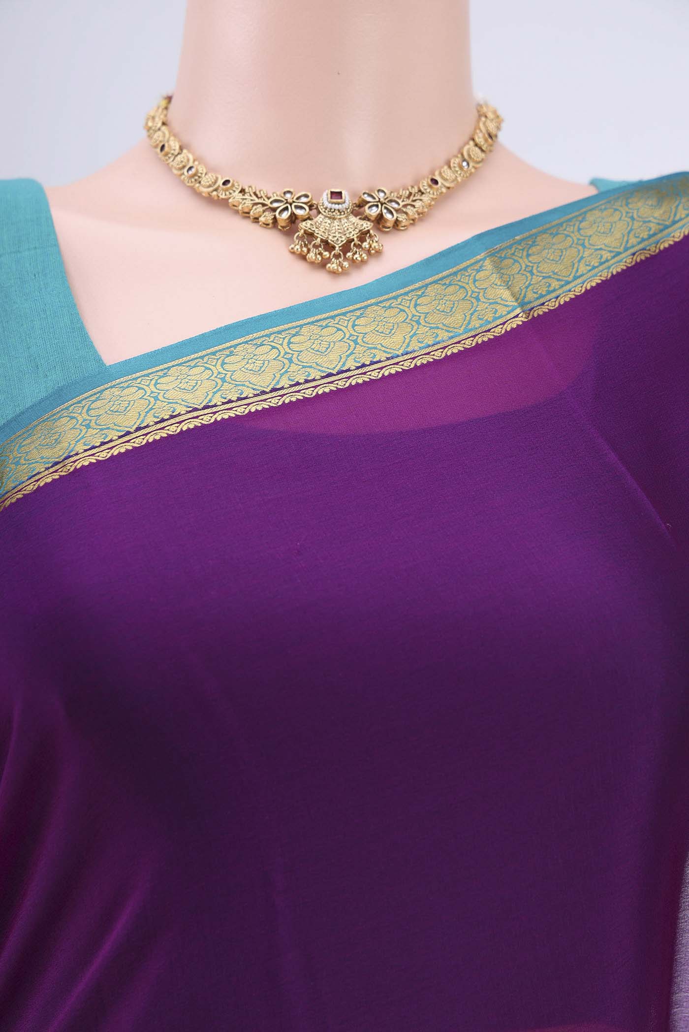 Border image of Purple Mysore Crepe Saree with Plain Body and Zari Border. 