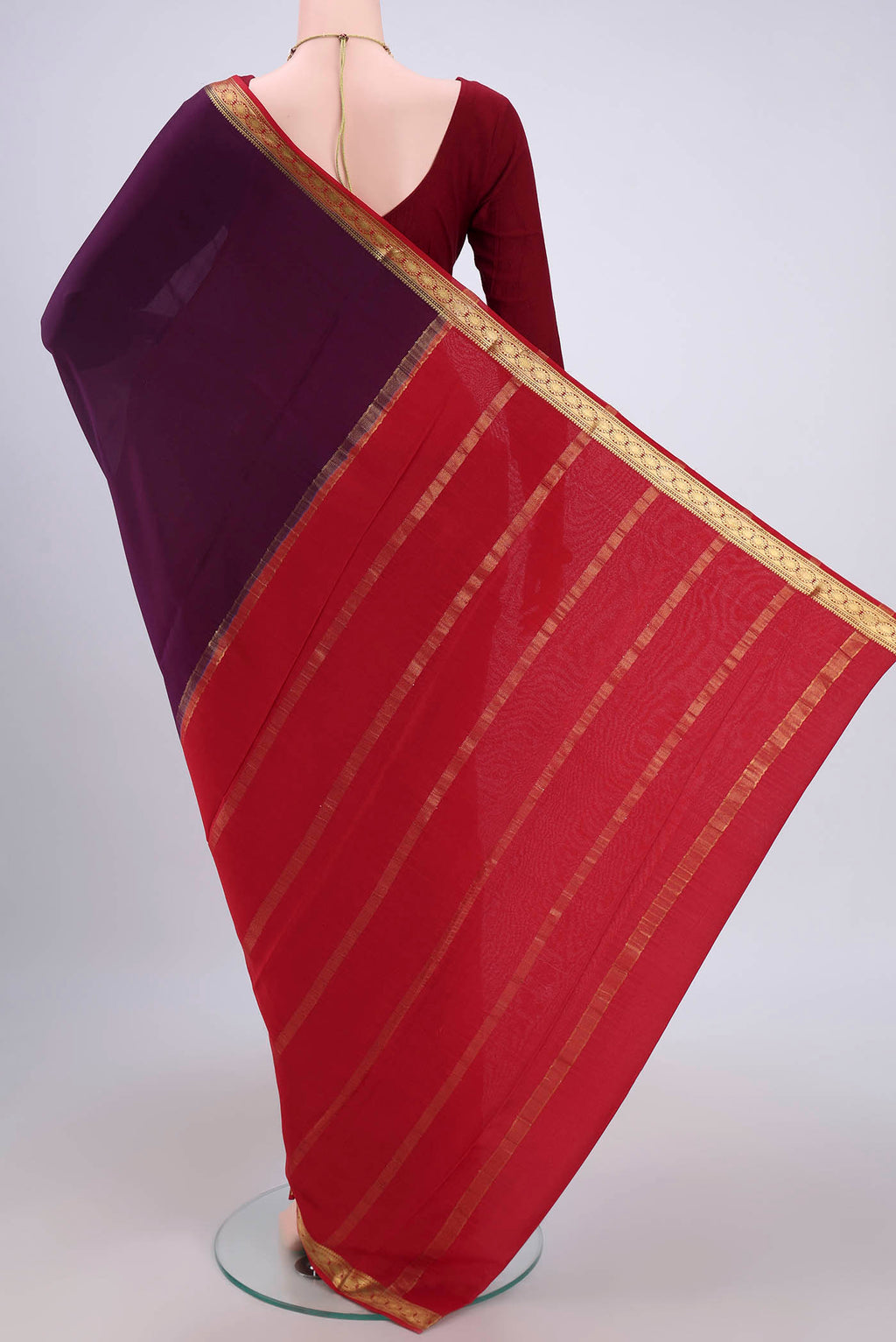 Flat view of Pista Green Mysore Crepe Saree with Plain Body and Zari Border. 