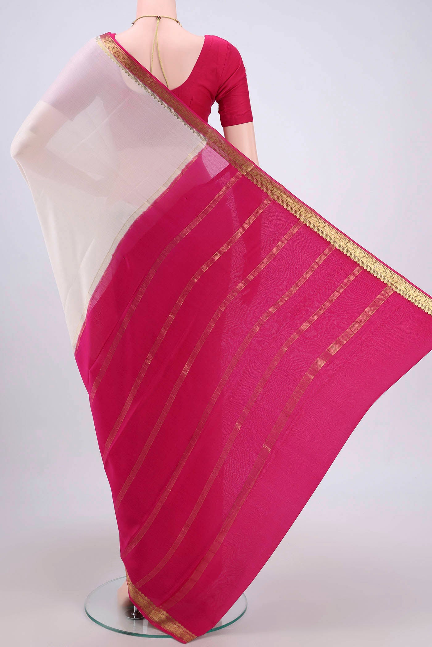 Flat view of White Mysore Crepe Saree with Plain Body and Zari Border. 