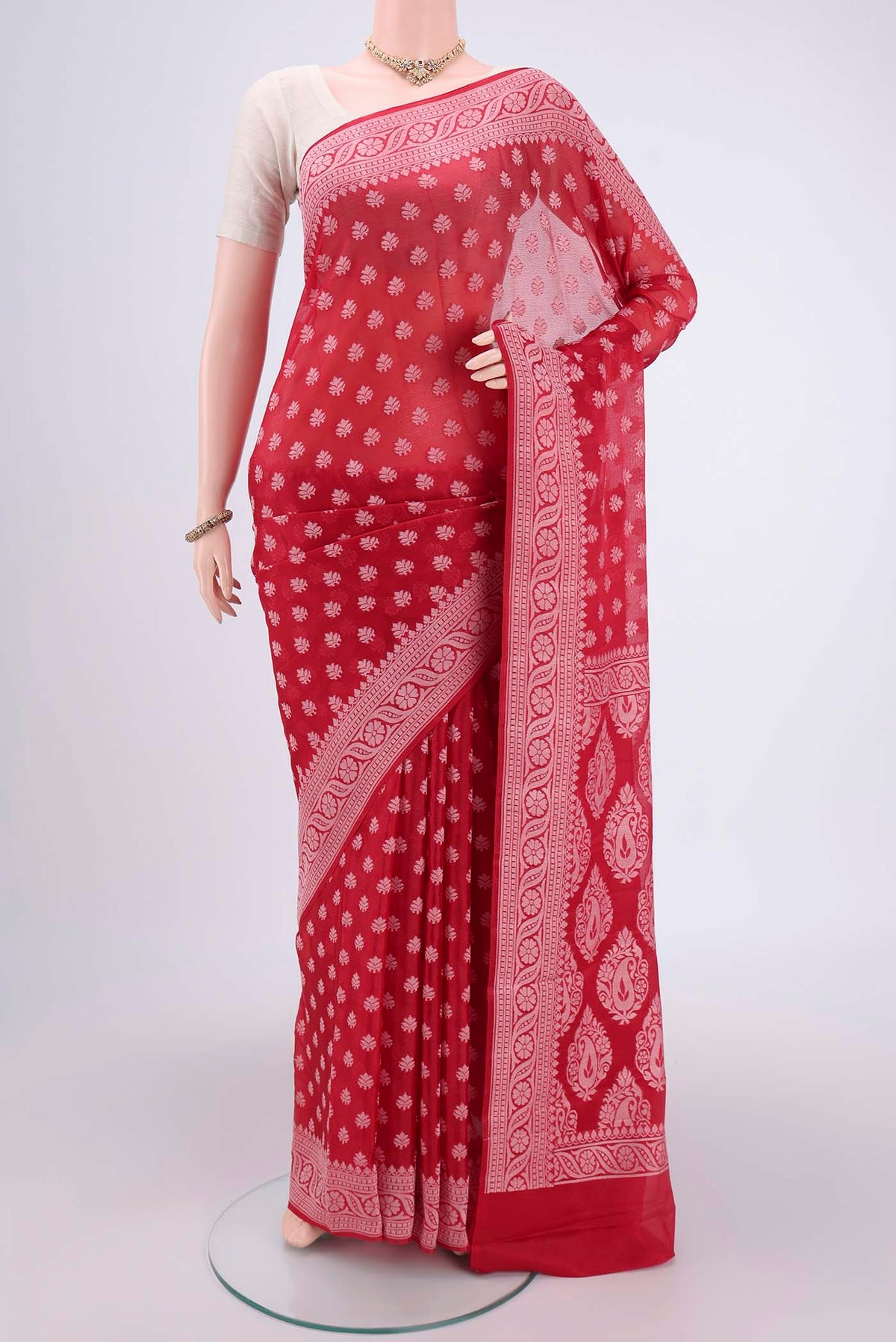 Red Blended Banarasi Georgette Saree with Thread Butta on the body and Thread Border.  displayed on a mannequin