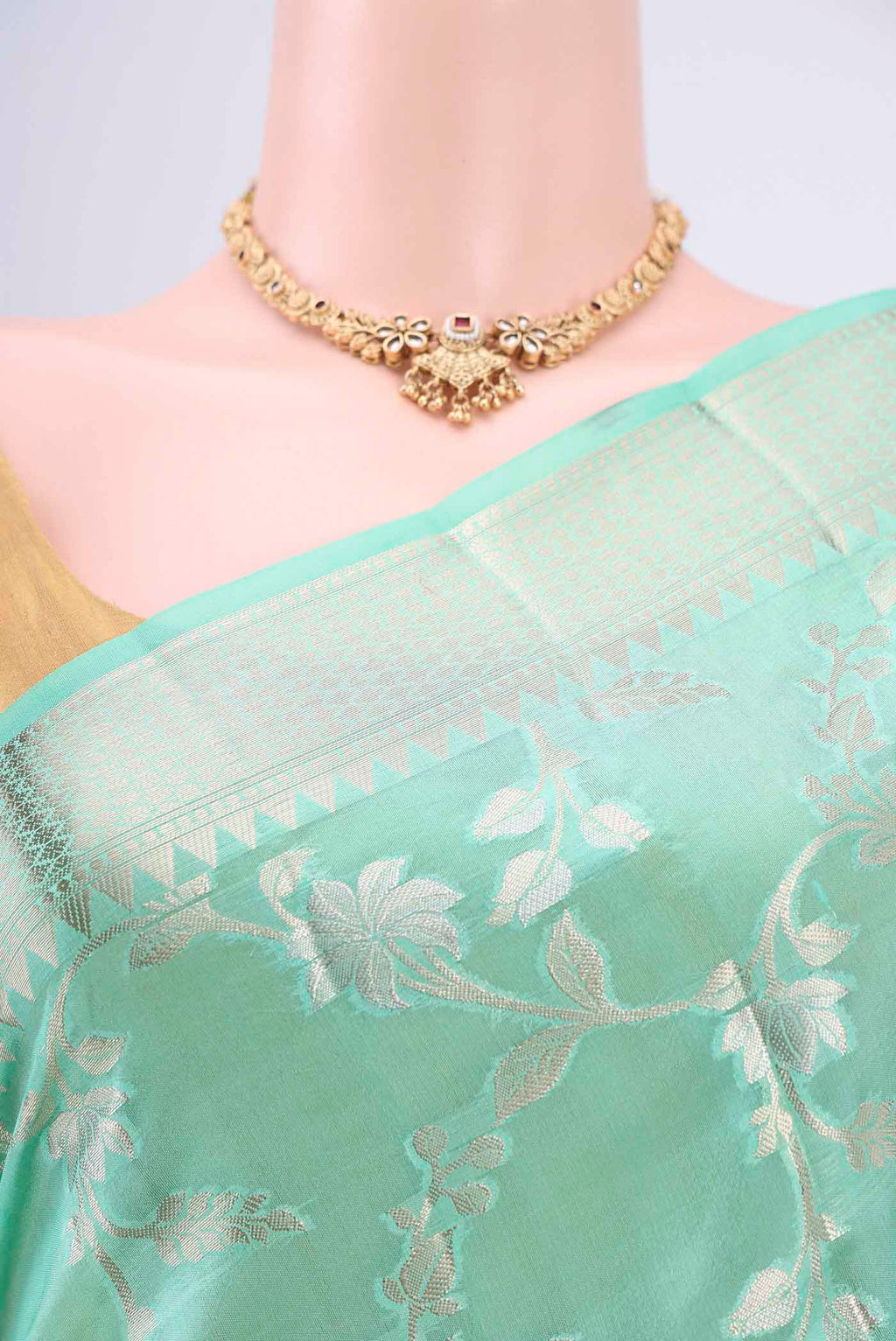 Border image of Mint Green Banarasi Raw Silk Saree with Zari Brocade on the body and Zari Border. 